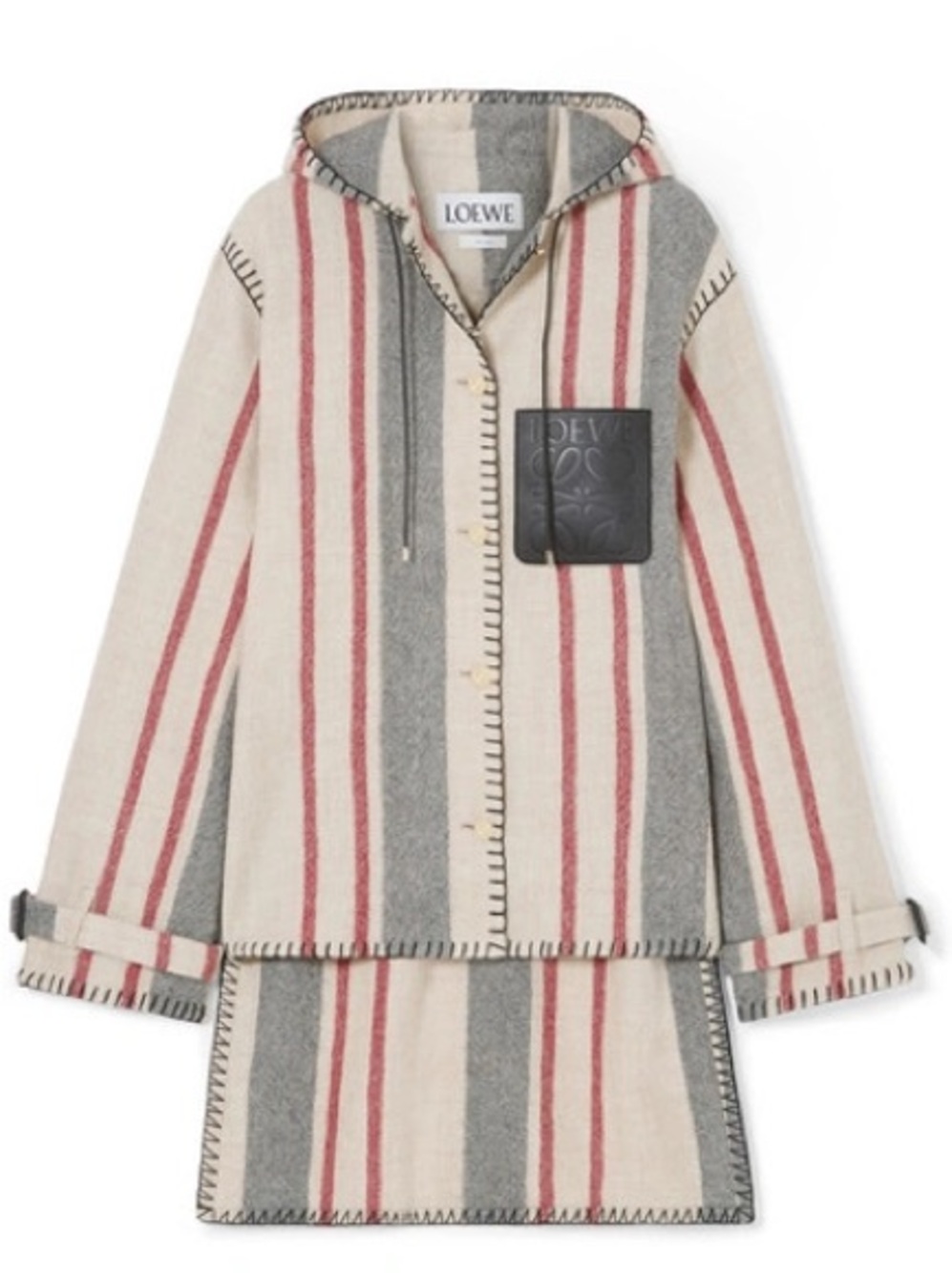 LOEWE Hooded Striped Leather-trimmed Wool-canvas Jacket